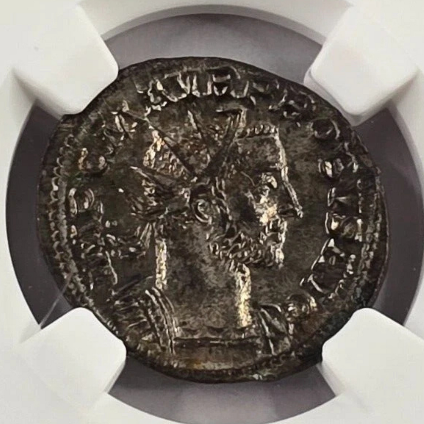 【“戦神が導く葡萄冠”】プロブス帝 アウレリアヌス銀化銅貨〈NGC Ch AU〉— 放射冠肖像 & マルス・ウィクトル進軍図