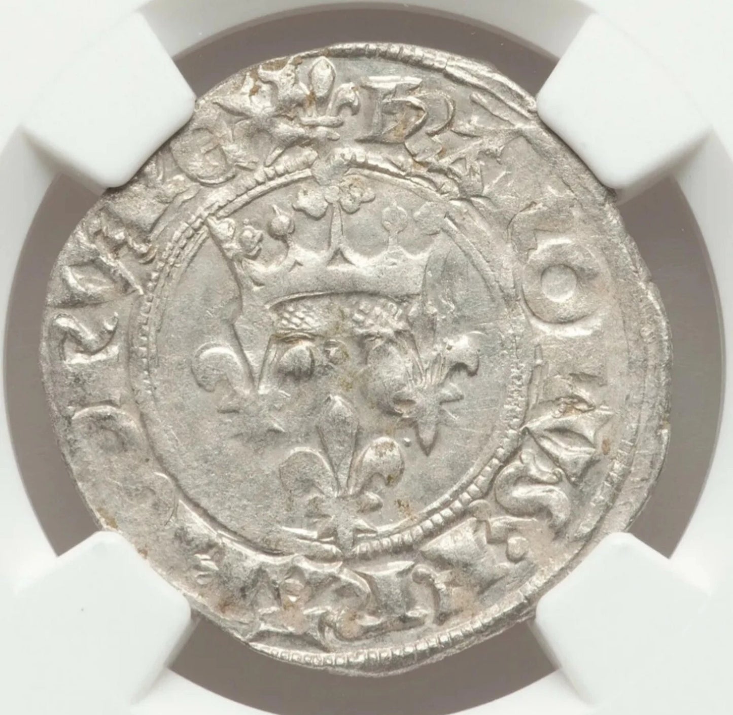 【“狂王のユリ徽銀”】シャルル6世 グロス・フロレット銀貨〈NGC MS61〉— フルール・ド・リス十字 & 王冠三ユリ