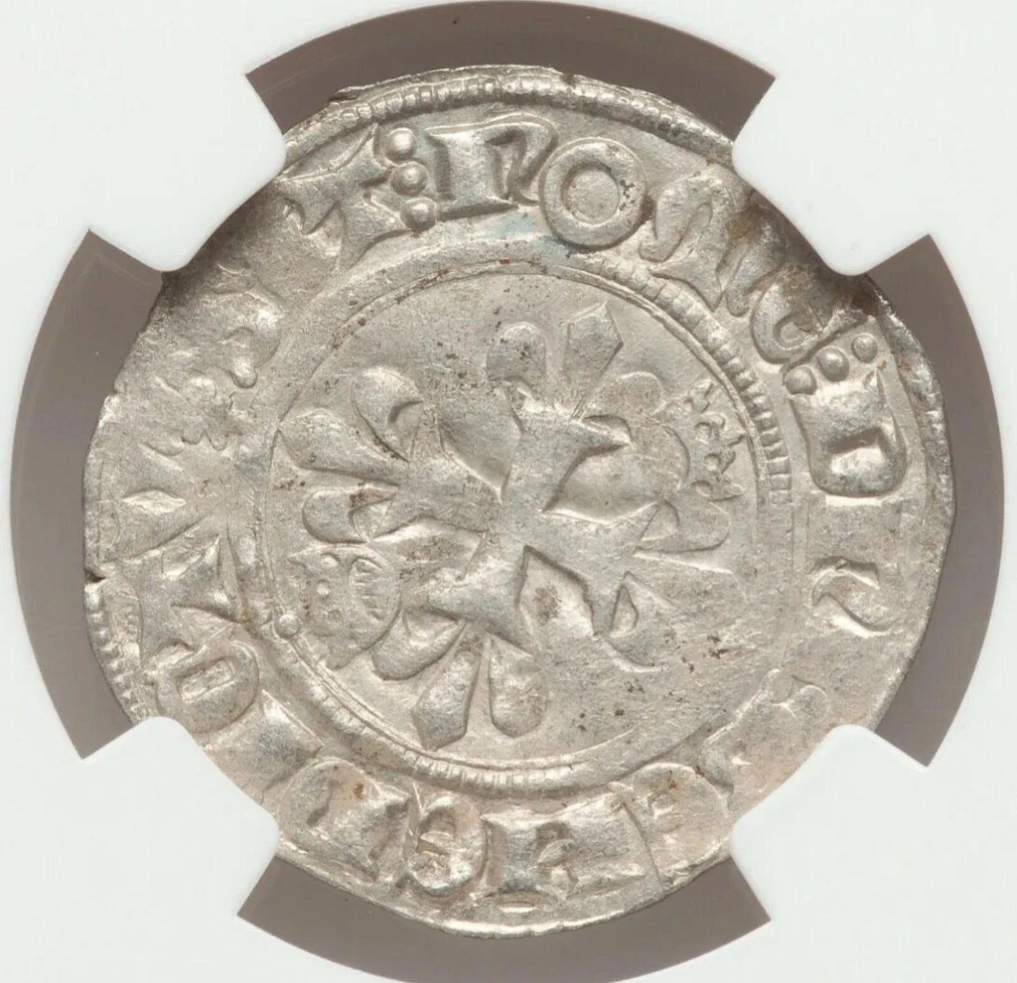 【“狂王のユリ徽銀”】シャルル6世 グロス・フロレット銀貨〈NGC MS61〉— フルール・ド・リス十字 & 王冠三ユリ