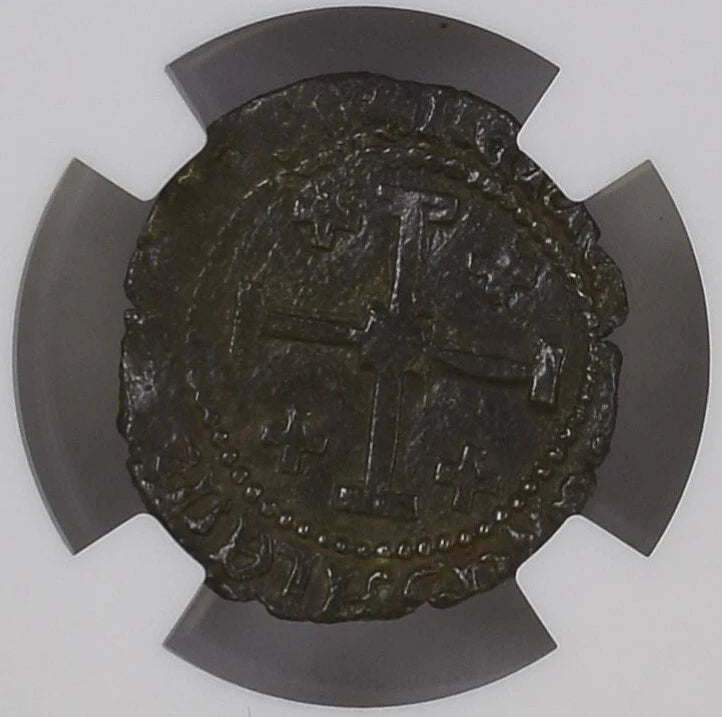 【“ルジニャン最後の十字”】キプロス王国 ジャコモス2世 セジン銅貨〈NGC AU55〉— 王冠盾章 & 十字フルール