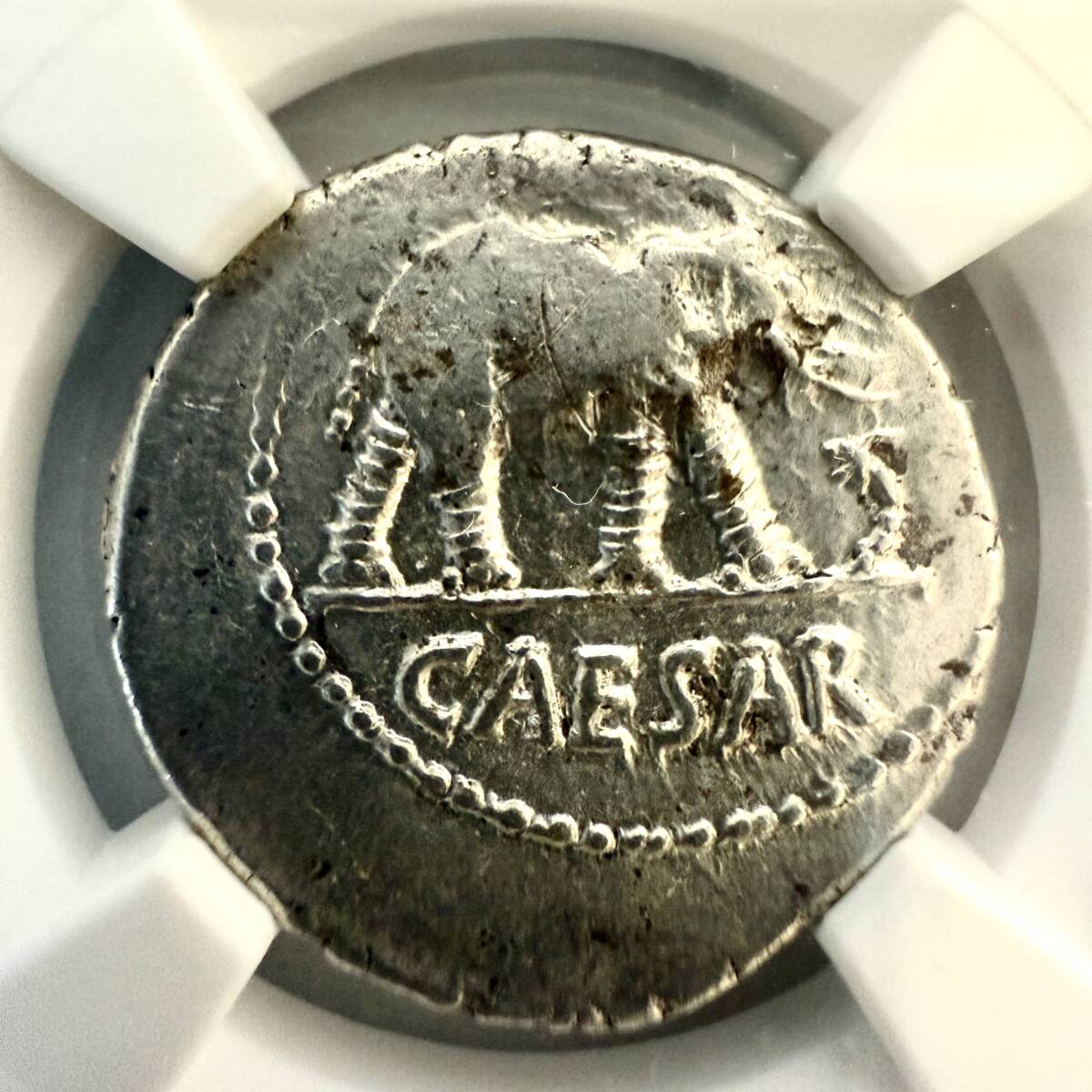 【ローマ共和政の転換点】ユリウス・カエサル “エレファント” デナリウス銀貨〈NGC AU〉