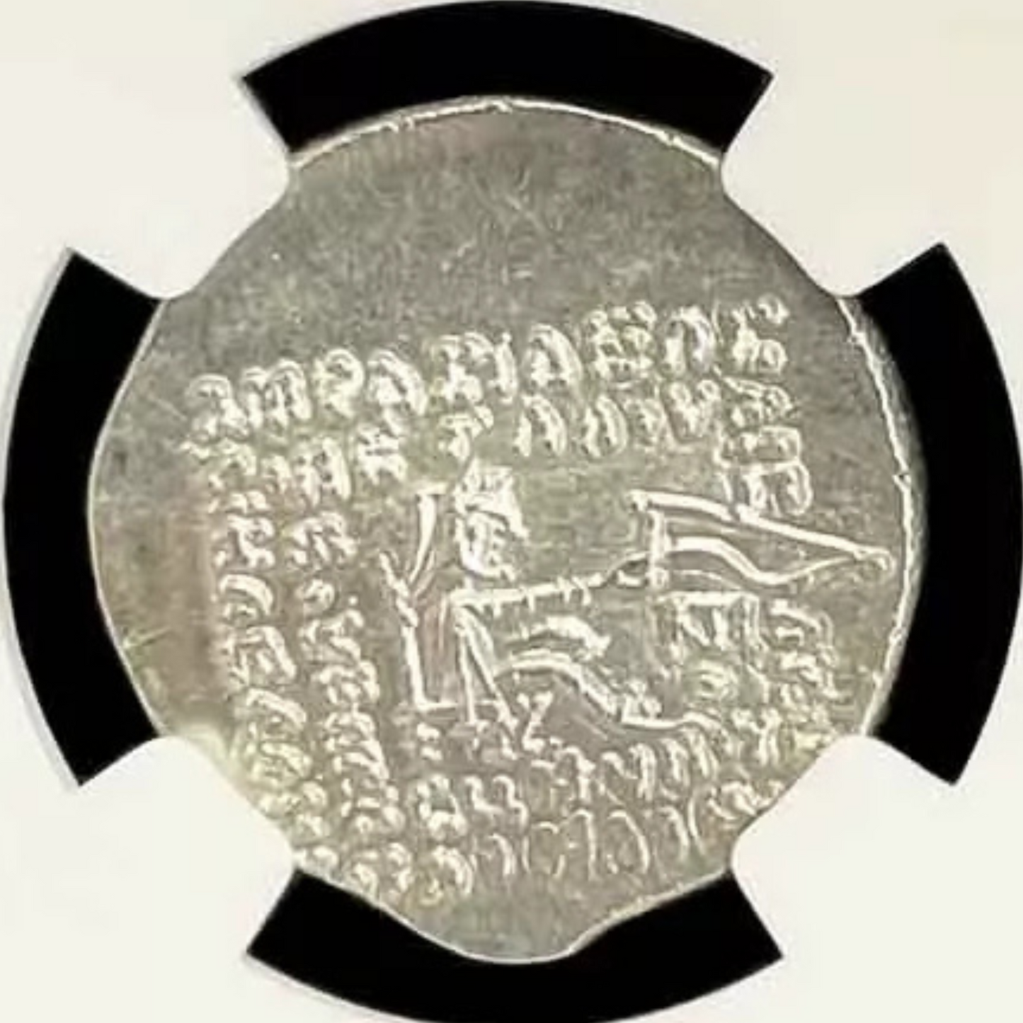 【“射手王朝の鏡面銀”】パルティア王国 ミトラダテス4世 ドラクマ銀貨〈NGC MS〉— ディアデム髭肖像 & 座す弓射手