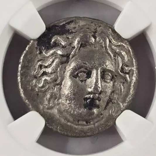 【“エーゲ海に咲く太陽の薔薇”】ロドス島 ディドラクマ銀貨〈NGC VF〉— 正面ヘリオス & 開花ローズ図