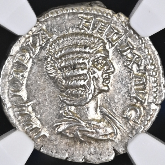 【“光を掲げた女帝”】ジュリア・ドムナ デナリウス銀貨〈NGC Ch AU〉— ディアナ・ルキフェラ松明図