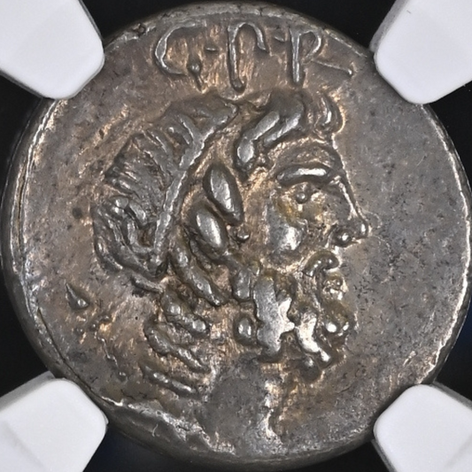 【“ローマ精神の護符”】クナエウス・レントゥルス デナリウス銀貨〈NGC Ch XF〉— ゲニウス胸像 & セプター＋地球儀＋舵