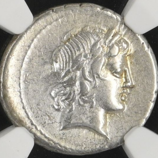 【“アポロンの音色、サテュロスの自由”】L. ケンソリヌス デナリウス銀貨〈NGC Ch VF〉— アポロン頭像 & マルシュアス柱像図