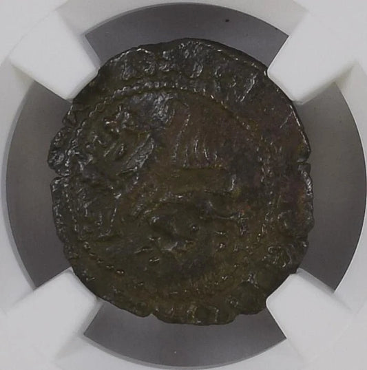【“ルジニャン最後の十字”】キプロス王国 ジャコモス2世 セジン銅貨〈NGC AU55〉— 王冠盾章 & 十字フルール