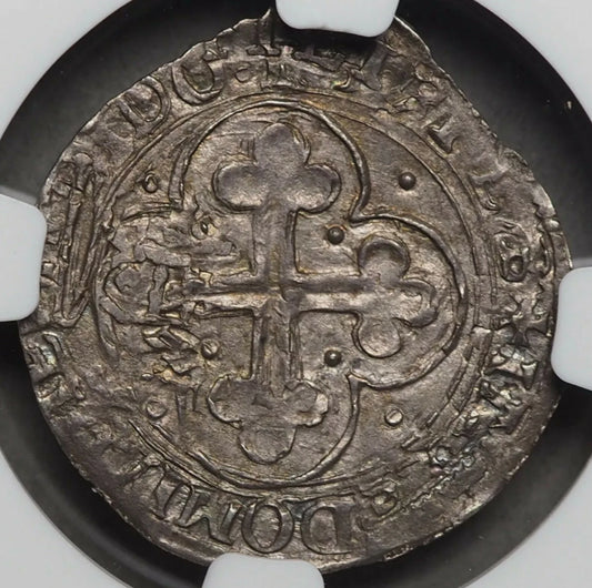 【“鉄頭公の白銀ソルド”】エマヌエーレ・フィリベルト 1 ソルド銀貨〈NGC MS62〉— サヴォイア百合＆十字徽章